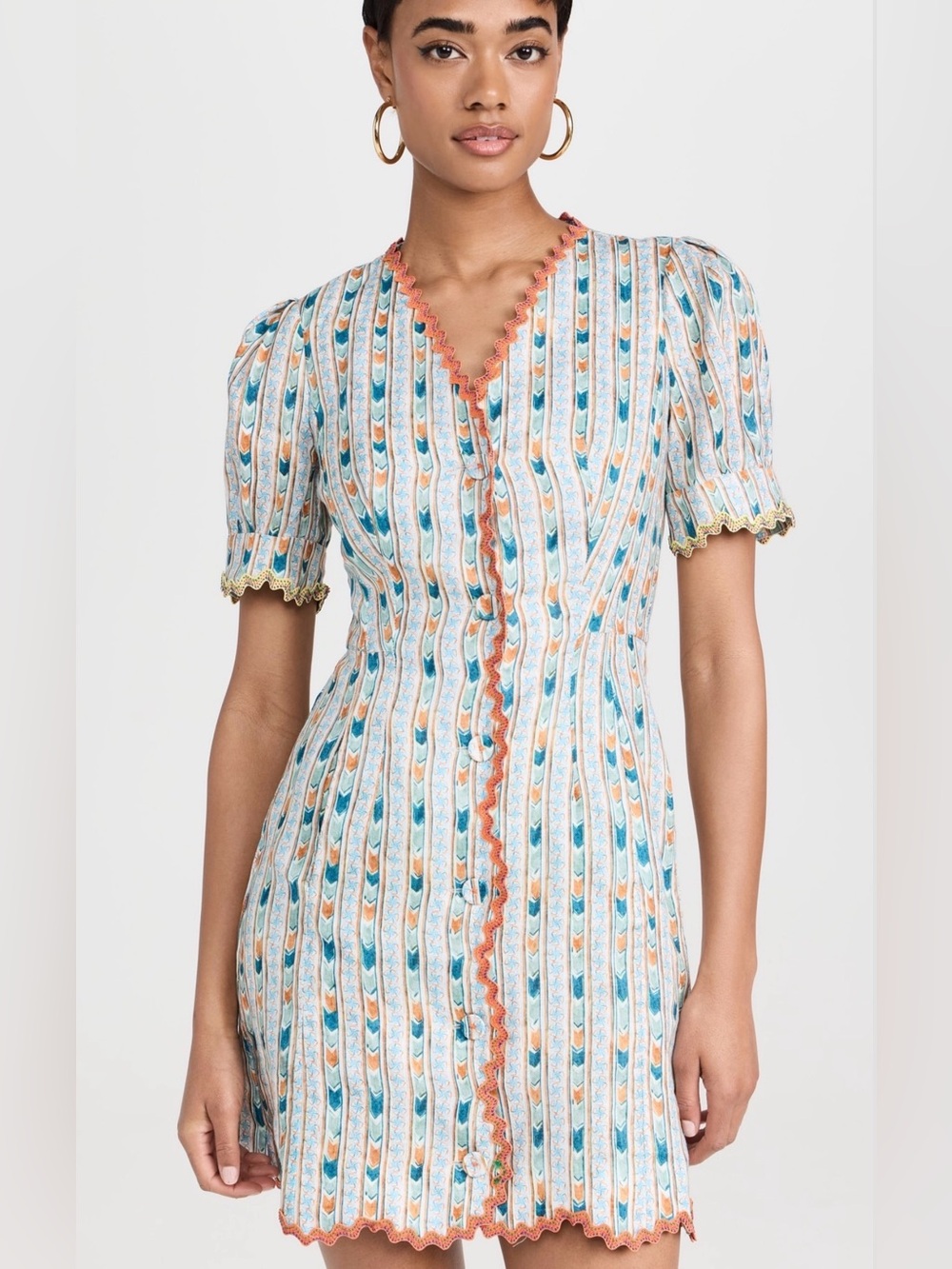 SALONI Striped Floral Button-Front Mini Dress in Teal and Orange